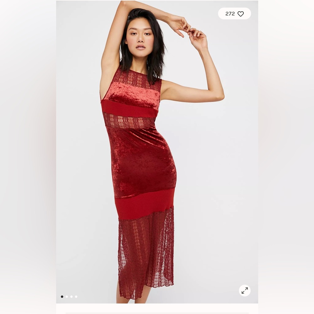 Free People Red Velvet & Lace Sheer Panel Midi Dress